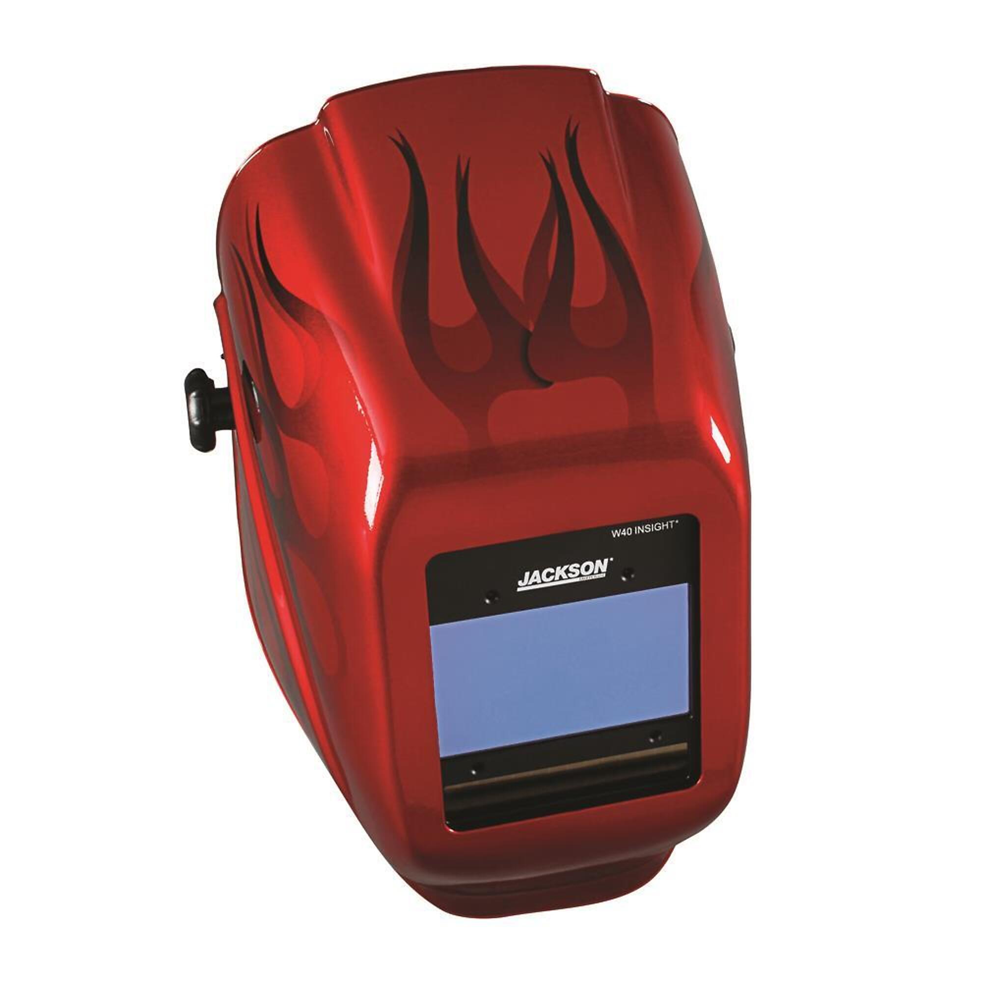 Jackson Safety® - Welding Helmet - Auto Darkening - Nylon - 3.94" x 2.36" Viewing Area - Shade 4/9-13 Insight® Variable ADF 1/1/1/1 - 370 Speed Dial Headgear - Flame Graphics - HLX 100 Series - Mo